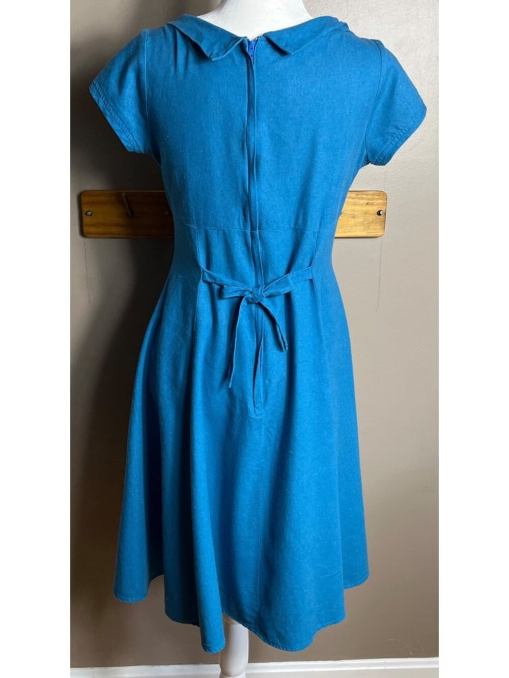 Vtg Heartbreaker Linen Blend Dress Fit Flare Empire Retro Blue Pin Up Midi Wom M - Picture 3 of 9